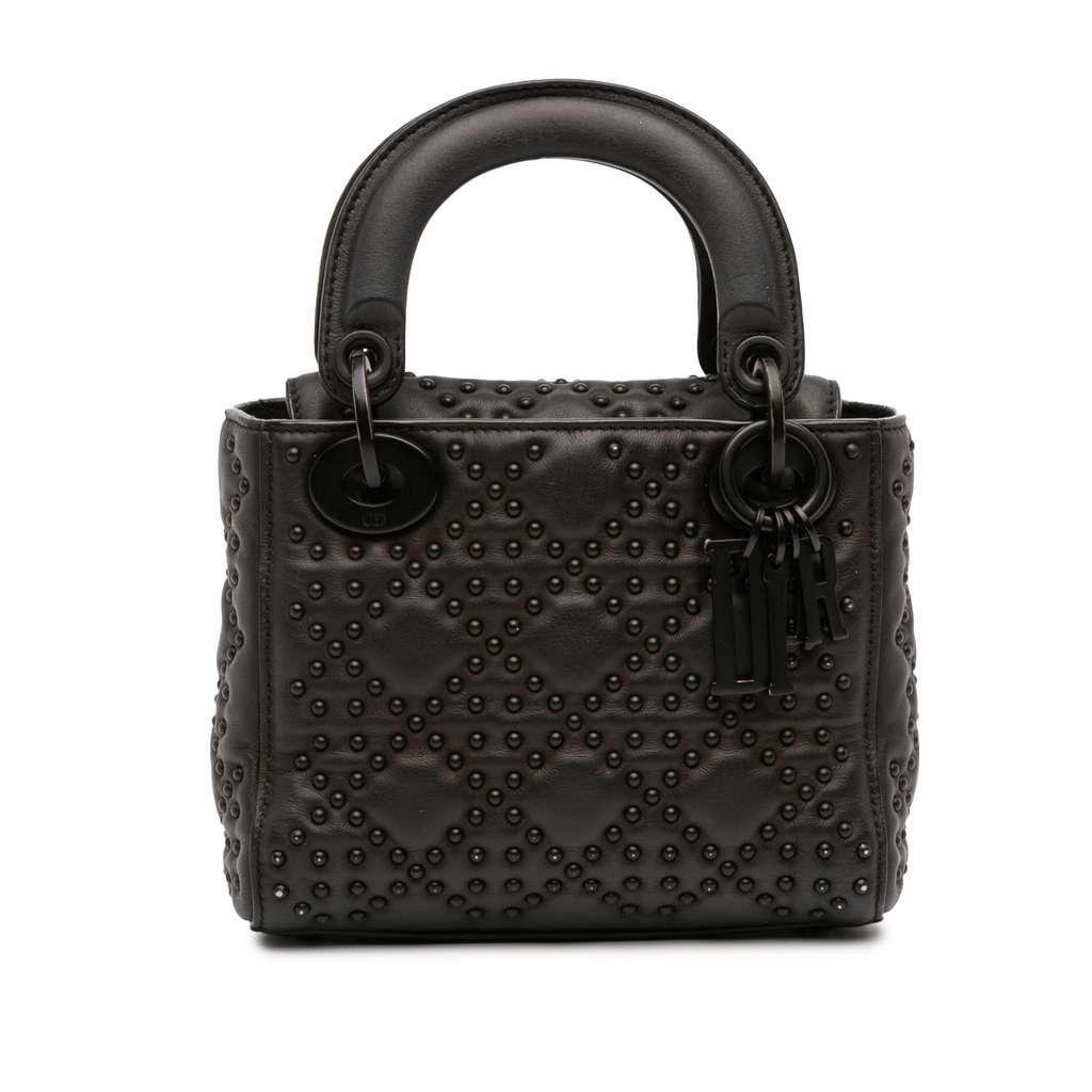 Dior Mini Ultra Matte Calfskin Cannage Studded Supple Lady Dior Black Leather Good - Front View