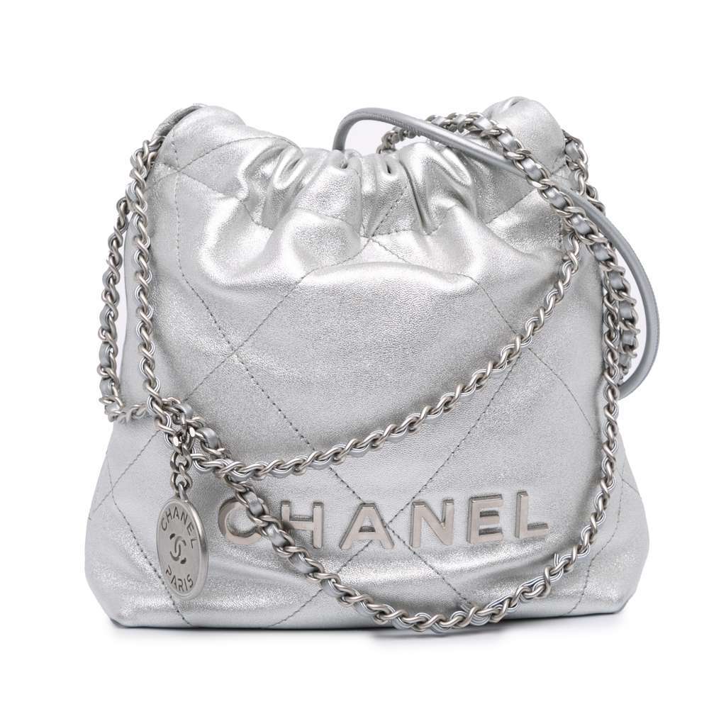 Chanel Mini Metallic Calfskin 22 Satchel Silver Leather Very good - Front View