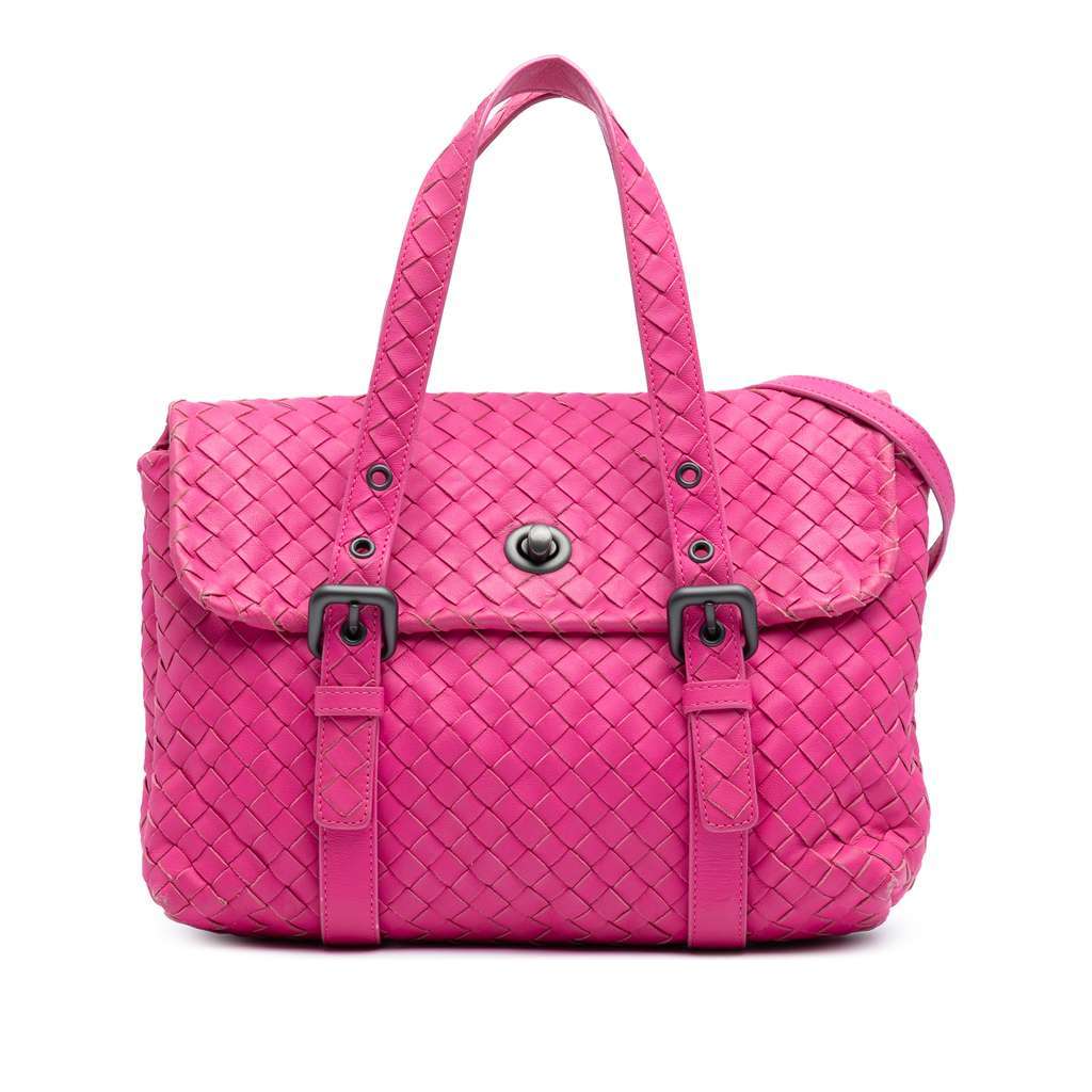 Bottega Veneta Nappa Intrecciato Flap Satchel Pink Leather Very good - Front View