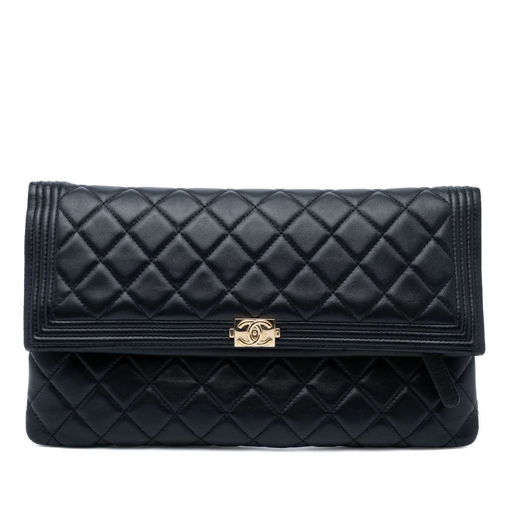 Chanel Quilted Lambskin Boy Foldover Clutch Black Leather Good - Front View