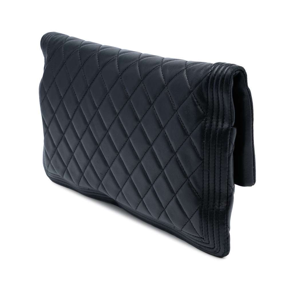 Chanel Quilted Lambskin Boy Foldover Clutch Black Leather Good - Back View