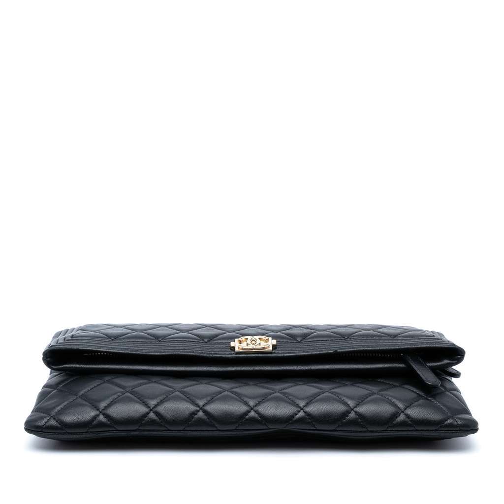 Chanel Quilted Lambskin Boy Foldover Clutch Black Leather Good - Inside View