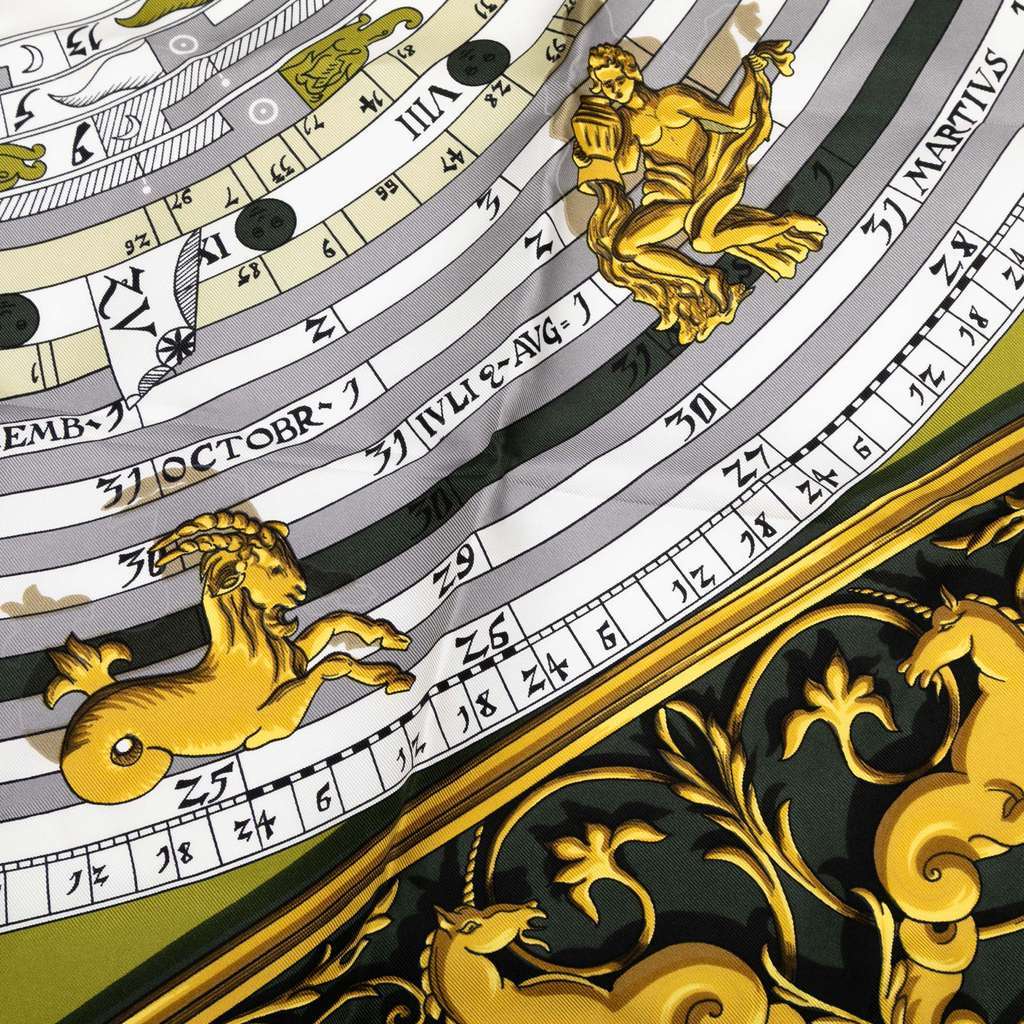 Hermès Astrologie Dies et Hore Silk Scarf 90 Green Silk Good condition - Box View