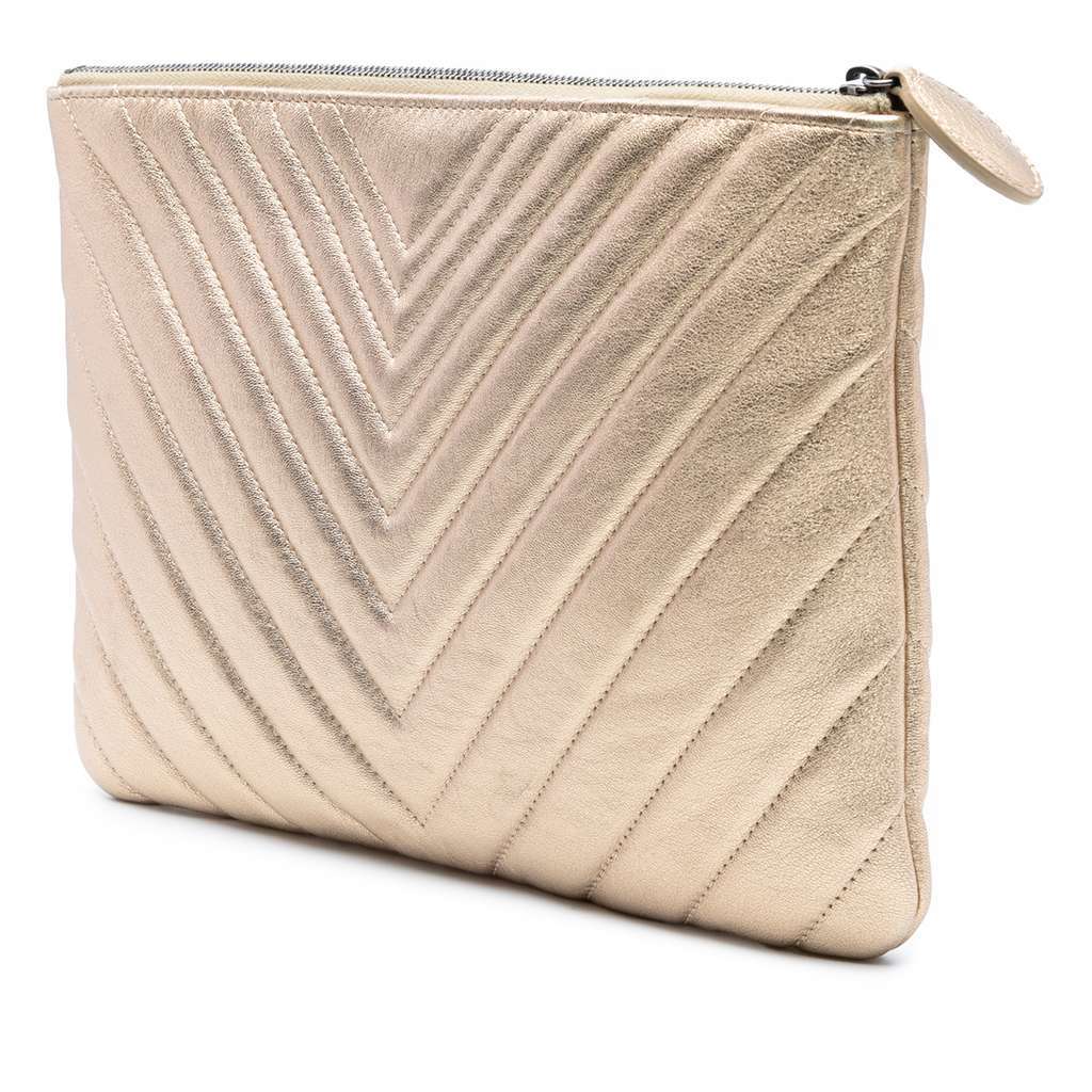 Chanel Medium Chevron Metallic Calfskin O Case Clutch Gold Leather Good - Back View