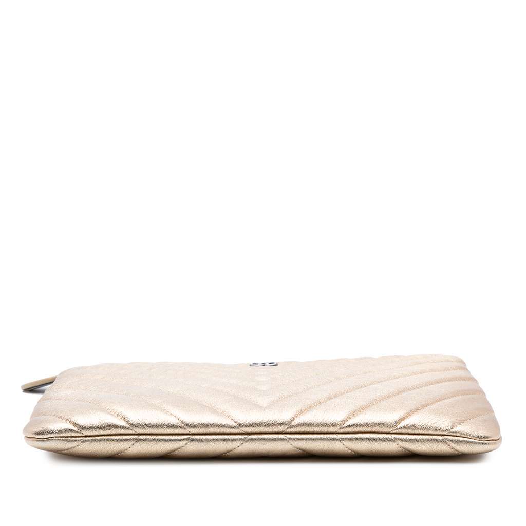 Chanel Medium Chevron Metallic Calfskin O Case Clutch Gold Leather Good - Inside View