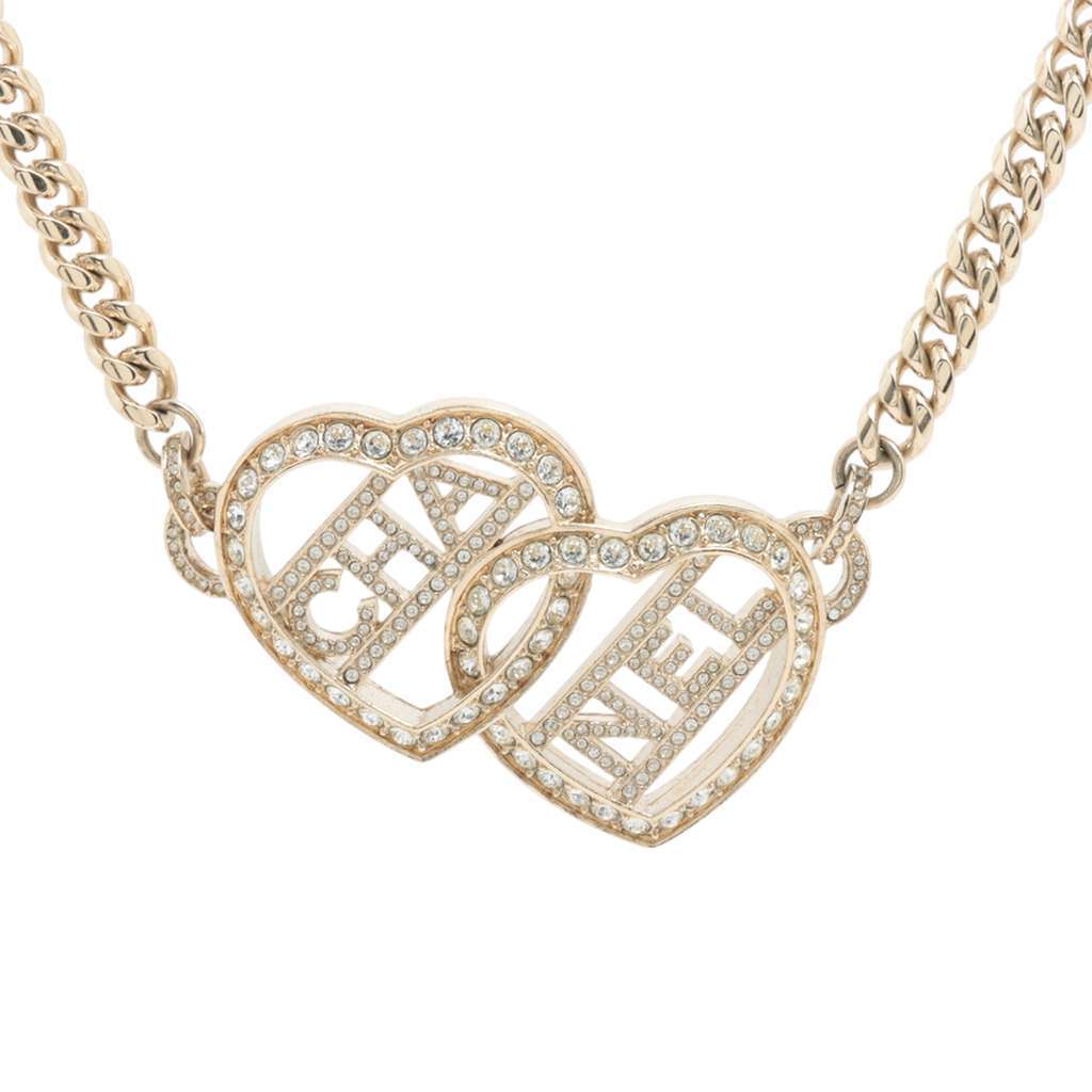 Chanel Gold Plated Heart Logo Rhinestone Necklace Gold Metal Good - Front View