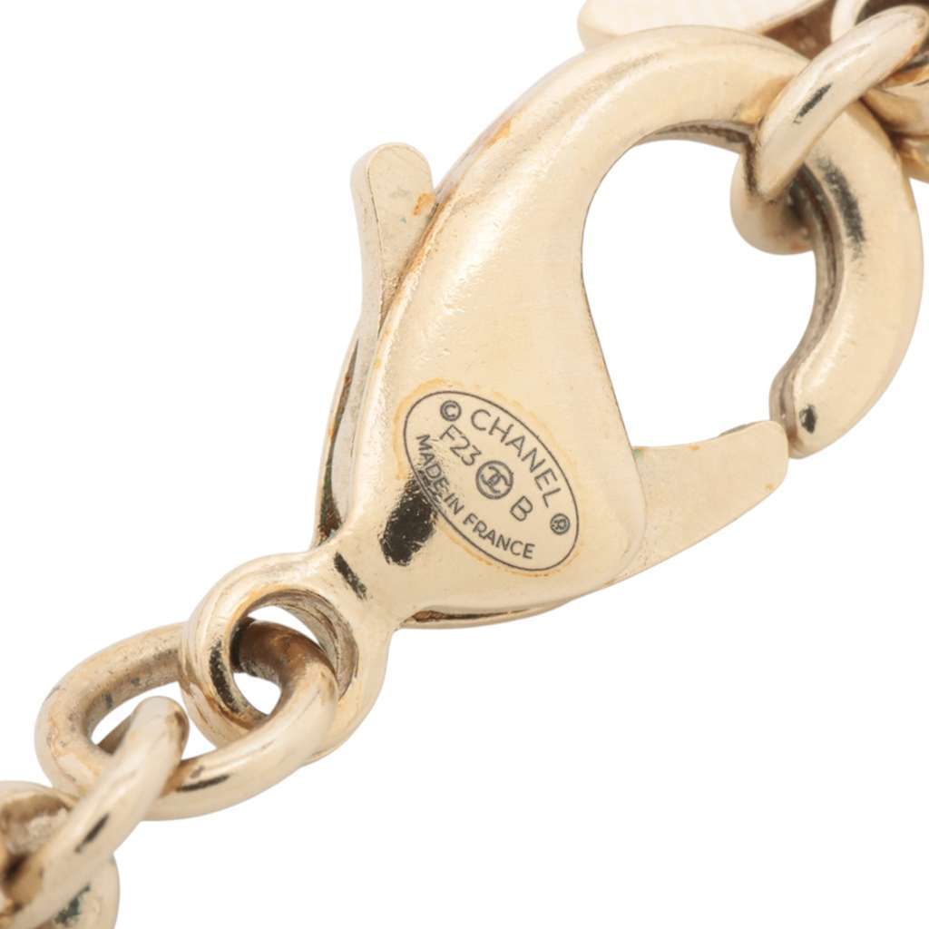 Chanel Gold Plated Heart Logo Rhinestone Necklace Gold Metal Good - Model View