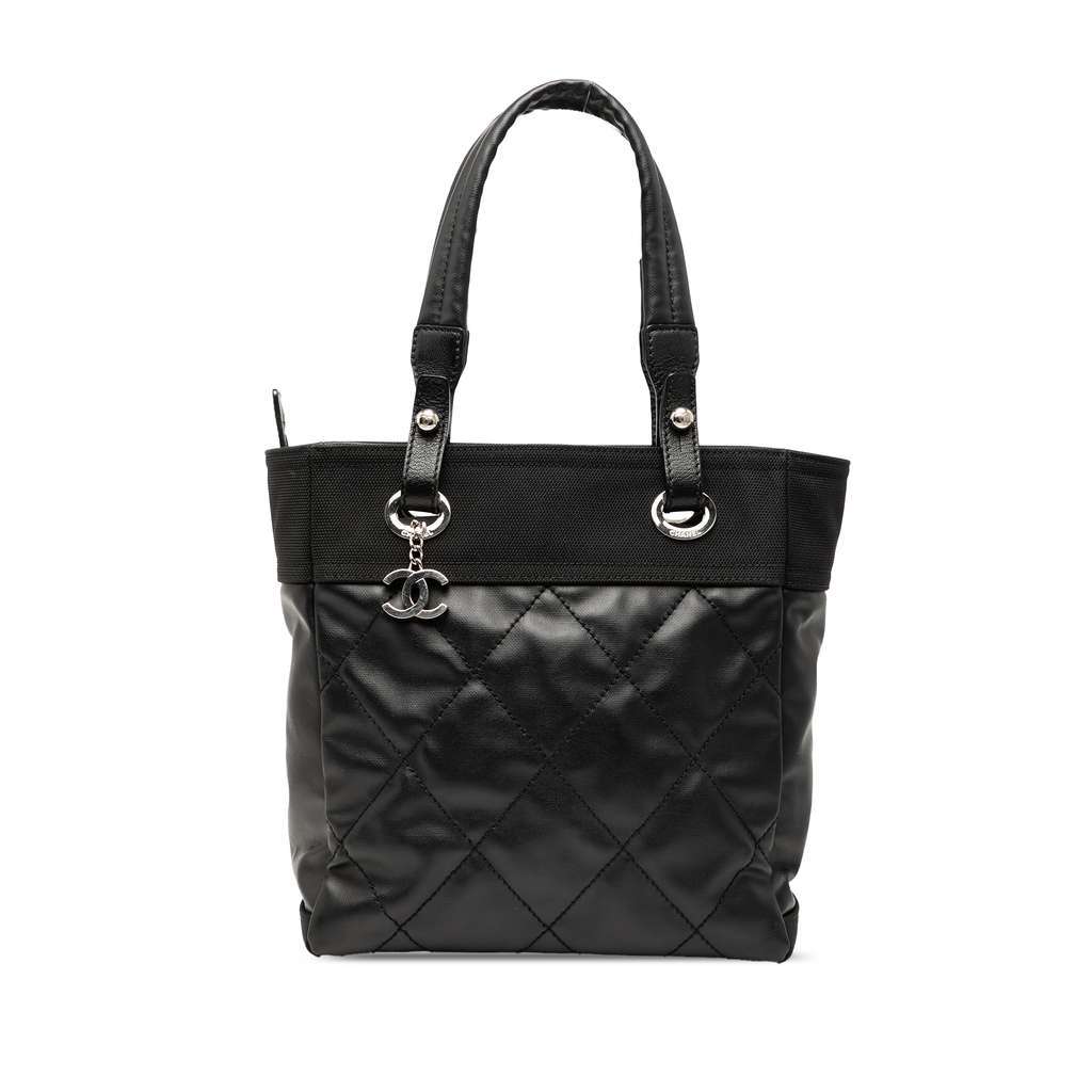 Chanel Small Quilted Coated Canvas Paris Biarritz Tote Black Canvas Good - Front View