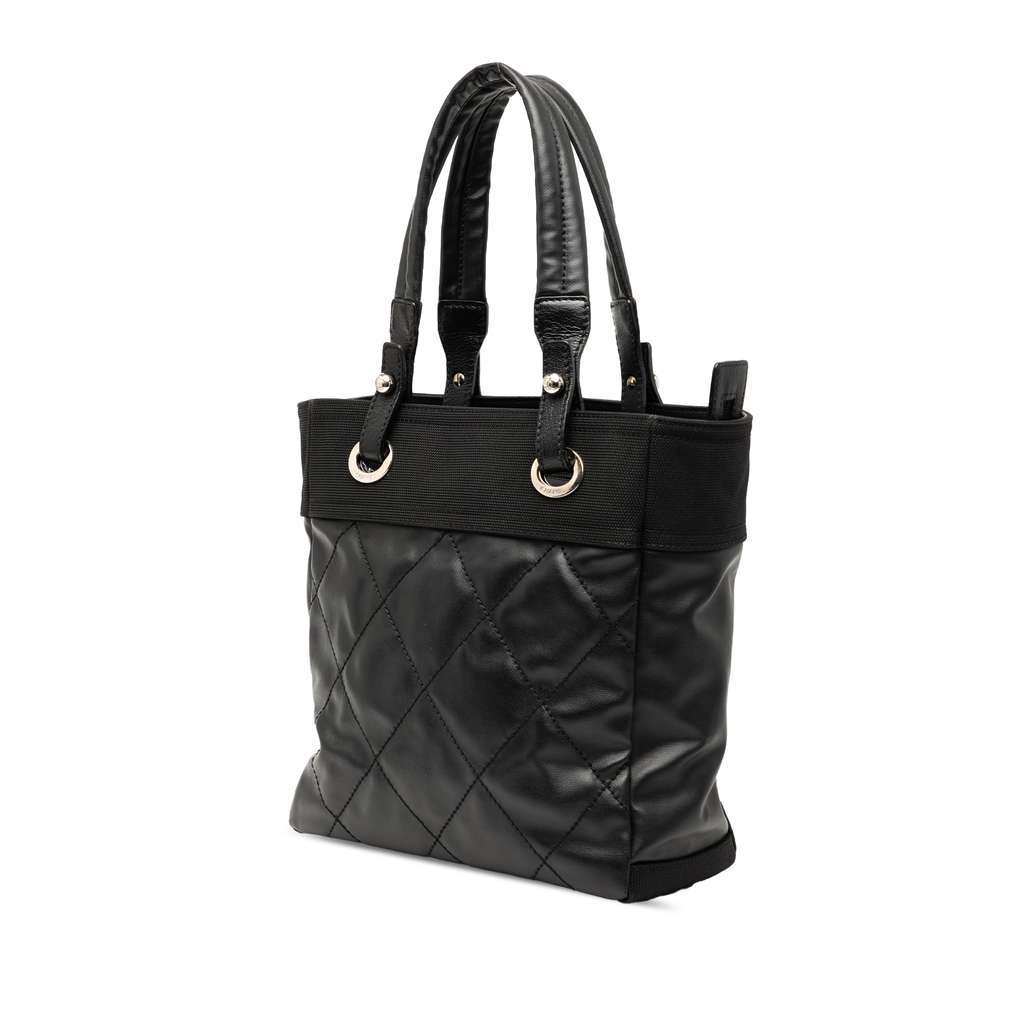 Chanel Small Quilted Coated Canvas Paris Biarritz Tote Black Canvas Good - Back View
