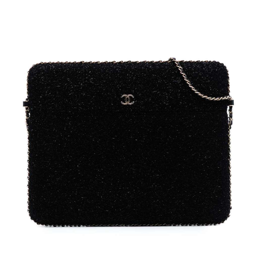 Chanel CC Tweed Chain Around Tablet Holder Crossbody Black Tweed Very good condition - Front View