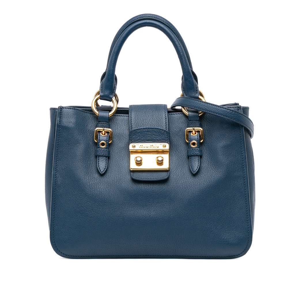 Miu Miu Goatskin Madras Satchel Blue Leather Fair - Front View