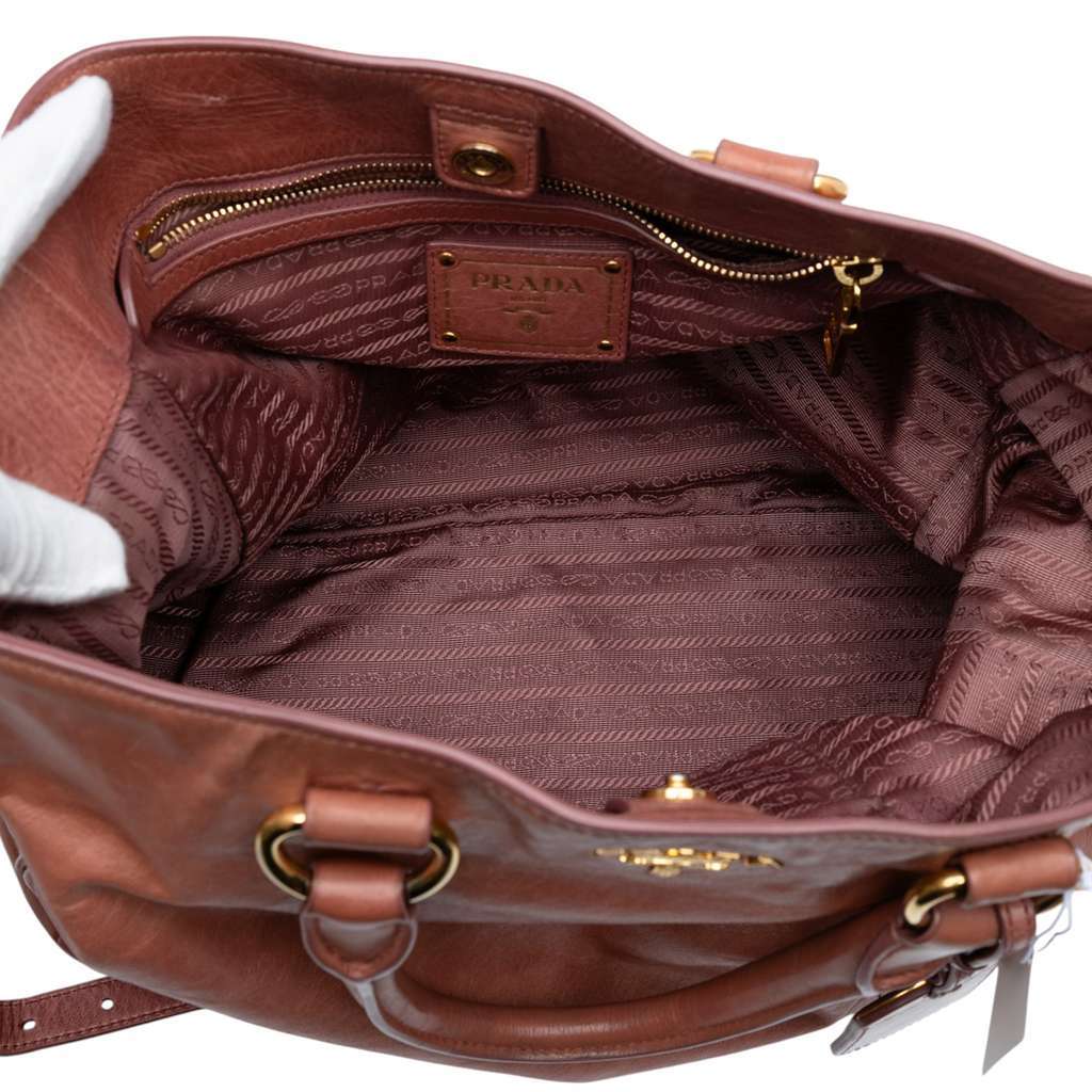 Prada Vitello Shine Satchel Brown Leather Good - Model View