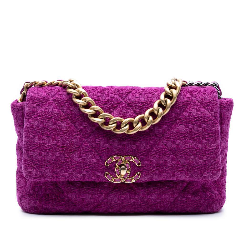 Chanel Large Tweed 19 Flap Purple Tweed Very good condition - Front View