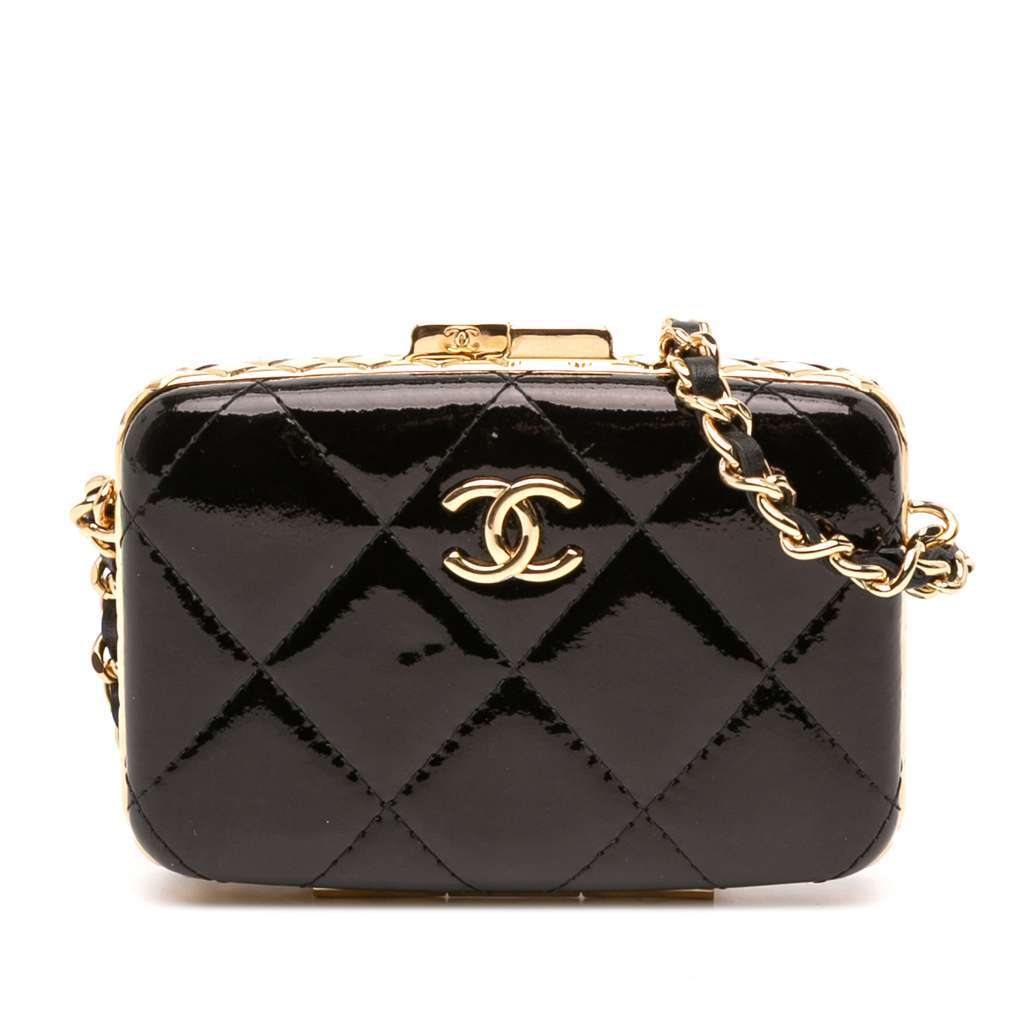 Chanel Small Glazed Goatskin Box With Chain Black Leather Good - Front View