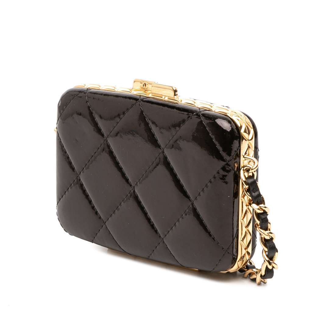 Chanel Small Glazed Goatskin Box With Chain Black Leather Good - Back View