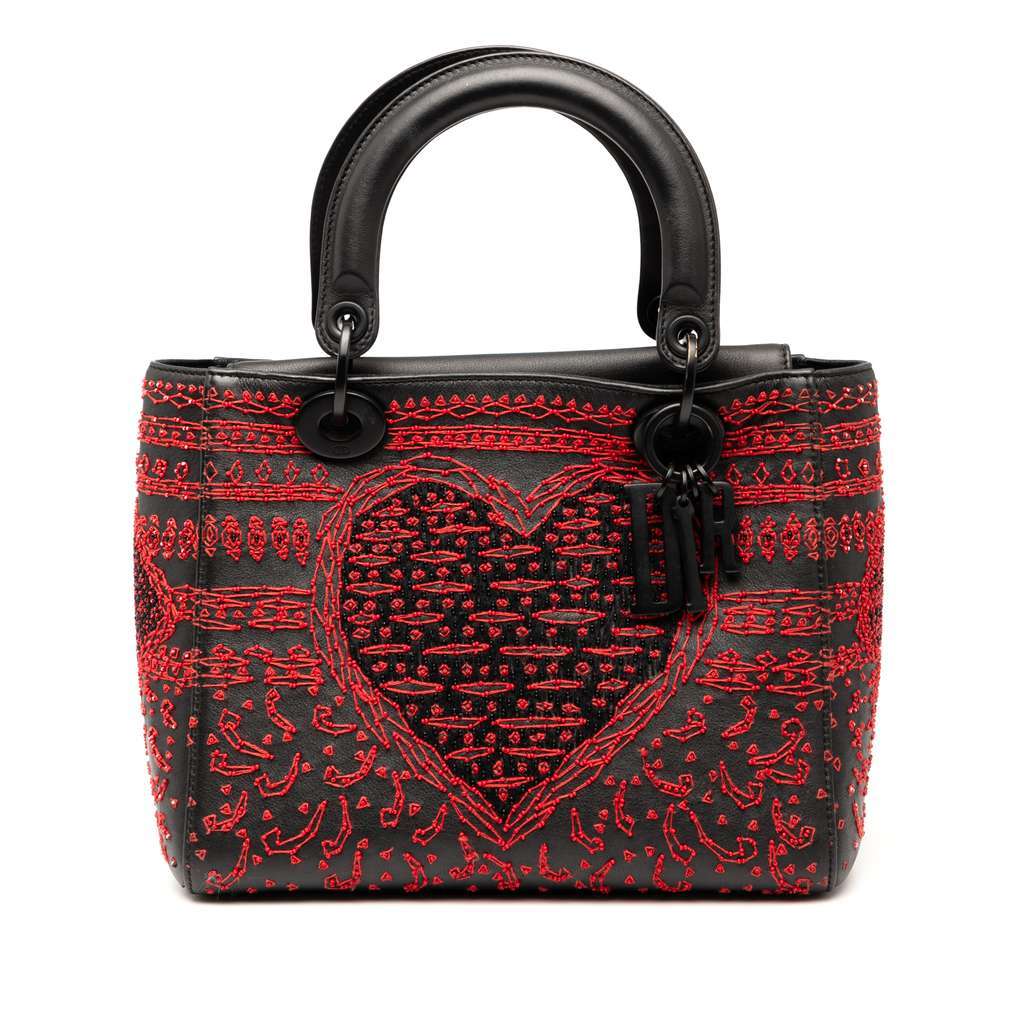 Dior Medium Smooth Calfskin Embroidered Heart Playing Cards Lady Dior Black Leather Very good - Front View
