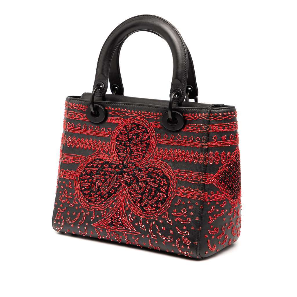 Dior Medium Smooth Calfskin Embroidered Heart Playing Cards Lady Dior Black Leather Very good - Back View