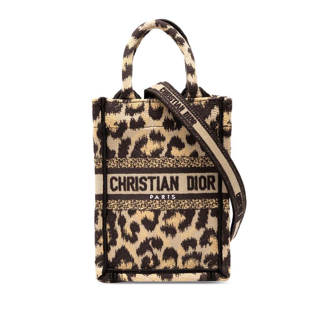 Dior Mizza Mini Embroidered Canvas Leopard Vertical Book Tote Brown Canvas Good - Front View