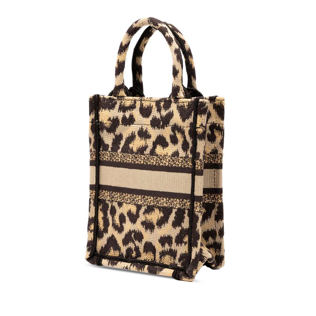 Dior Mizza Mini Embroidered Canvas Leopard Vertical Book Tote Brown Canvas Good - Back View