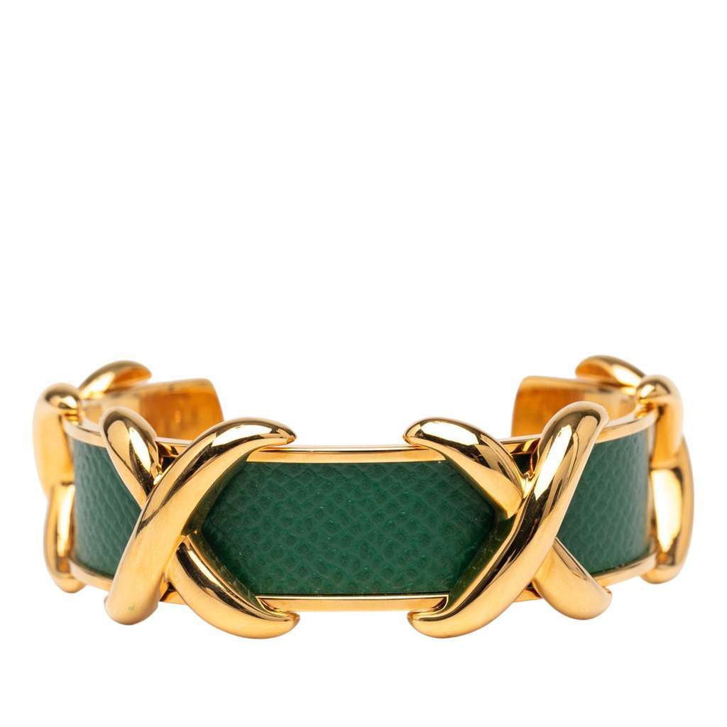 Hermès Gold Plated and Leather Criss Cross Cuff Bracelet Gold Metal Good condition - Front View