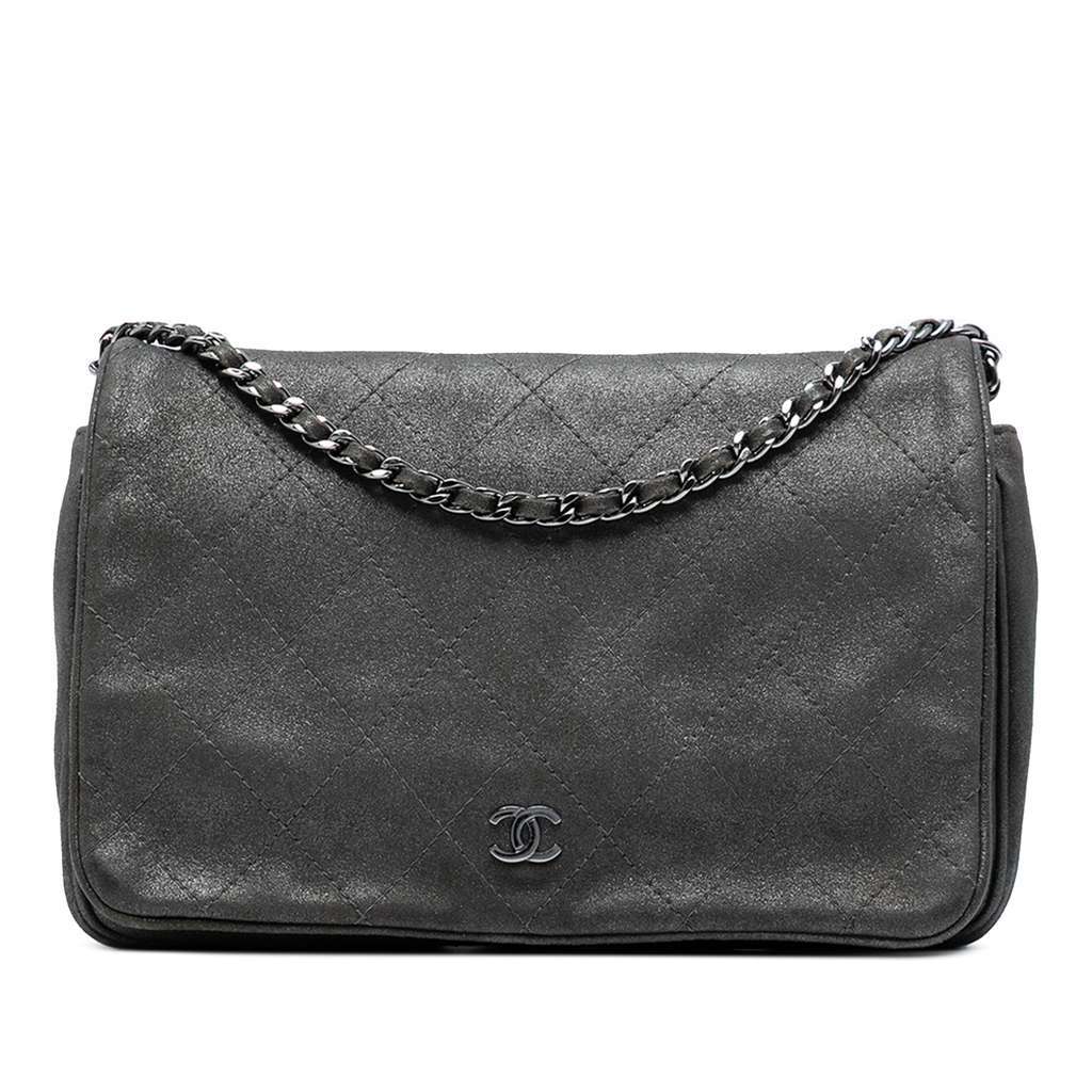 Chanel CC Quilted Iridescent Calfskin Single Flap Grey Leather Good - Front View