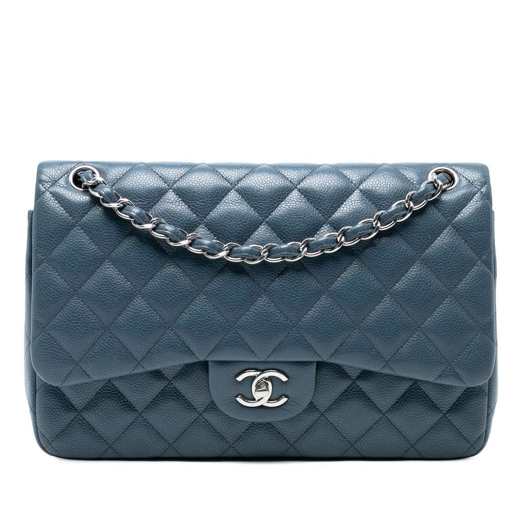 Chanel Jumbo Classic Caviar Double Flap Blue Leather Good - Front View
