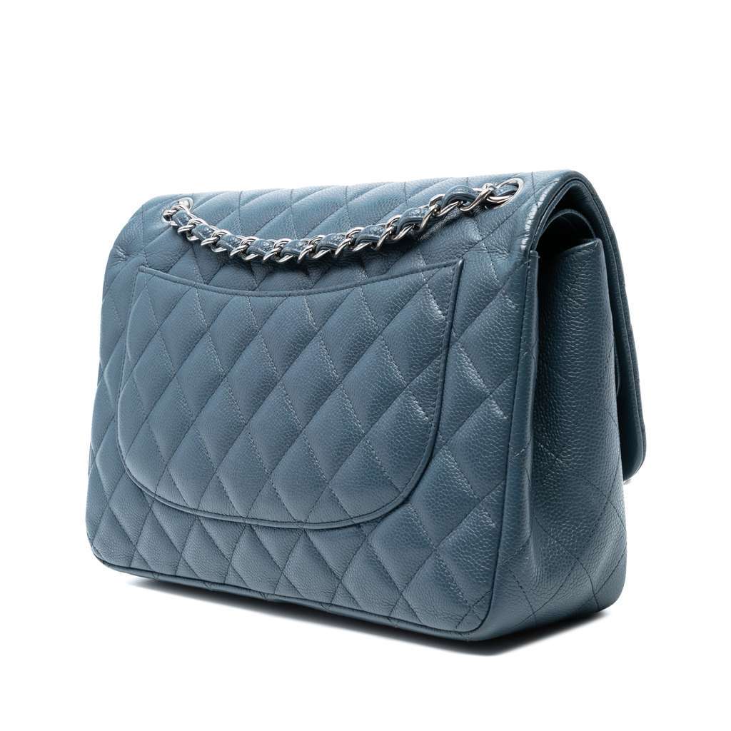 Chanel Jumbo Classic Caviar Double Flap Blue Leather Good - Back View