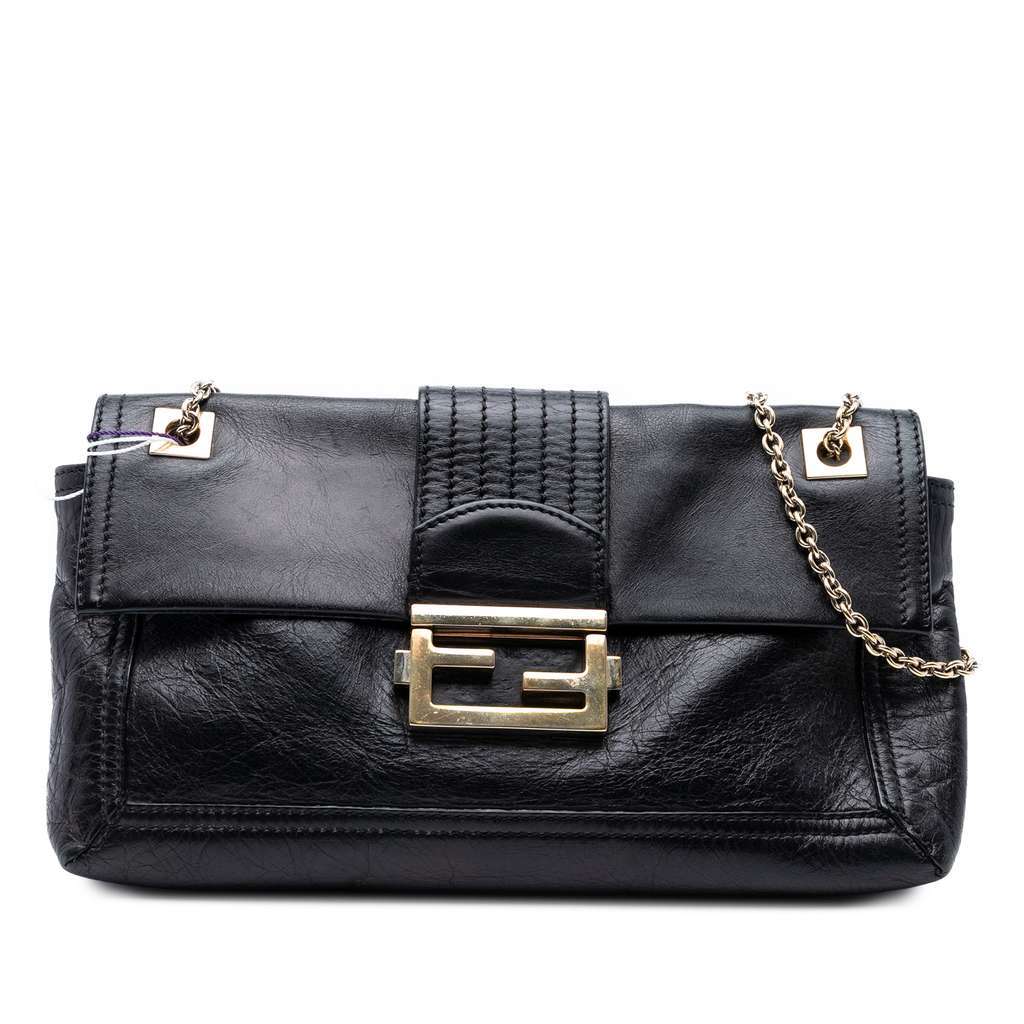 Fendi Leather Baguette Chain Flap Crossbody Black Leather Good condition - Front View