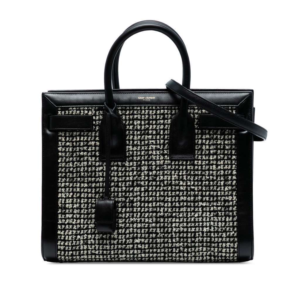 Saint Laurent Small Tweed Houndstooth Sac De Jour Satchel Black Tweed Good - Front View