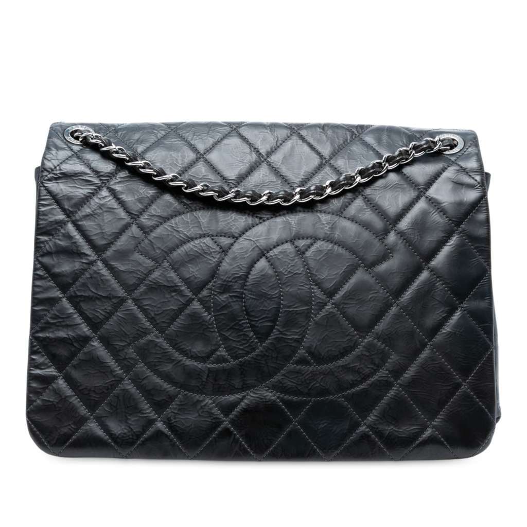 Chanel XL CC Glazed Quilted Calfskin Single Flap Black Leather Good - Front View