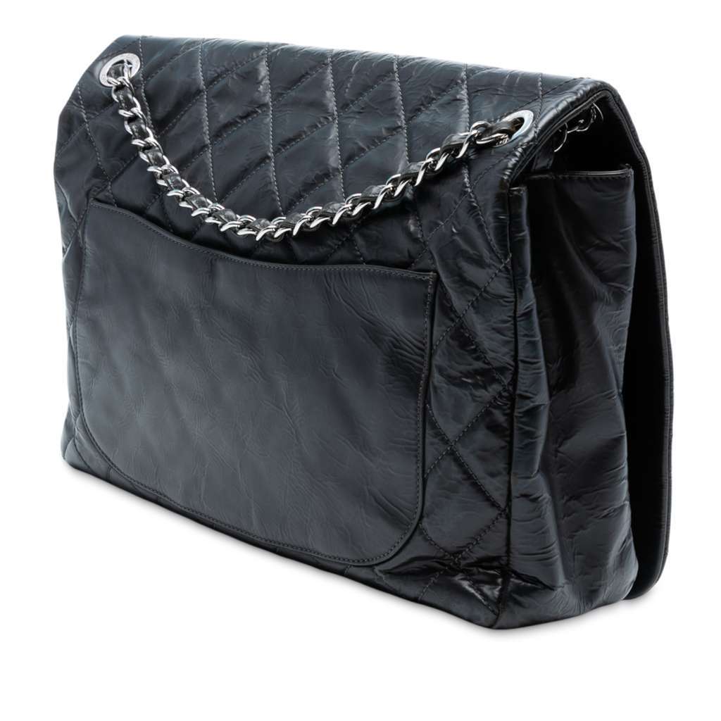 Chanel XL CC Glazed Quilted Calfskin Single Flap Black Leather Good - Back View