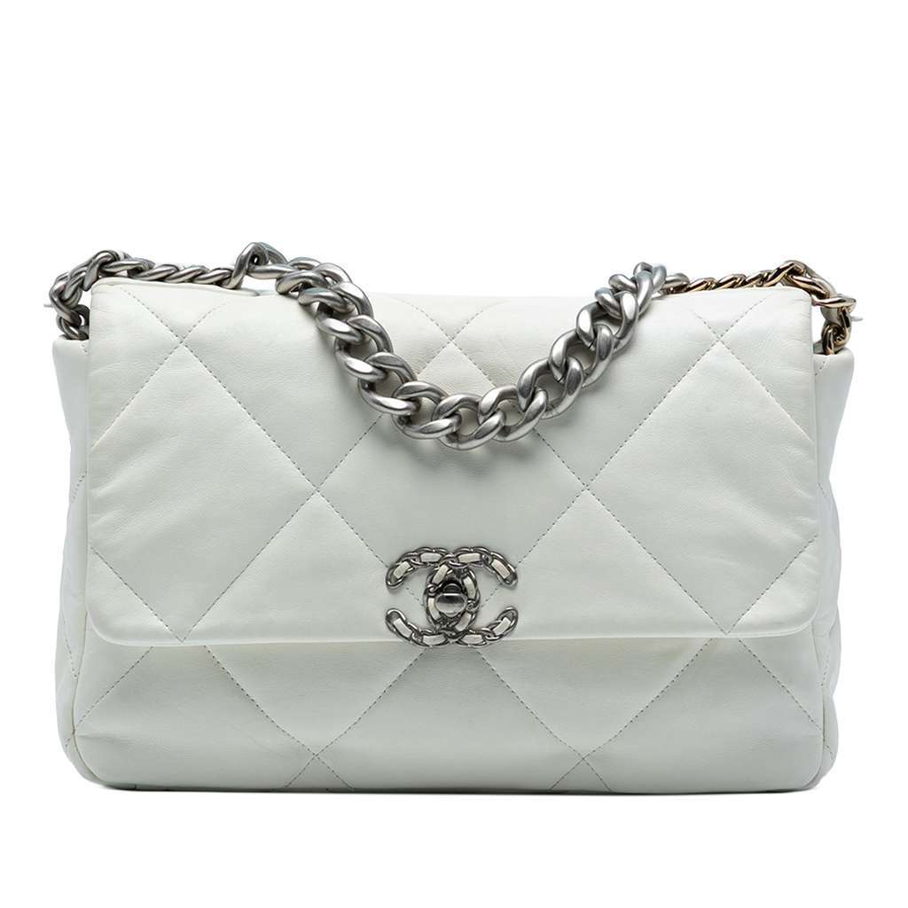Chanel Large Lambskin 19 Flap White Leather Very good - Front View