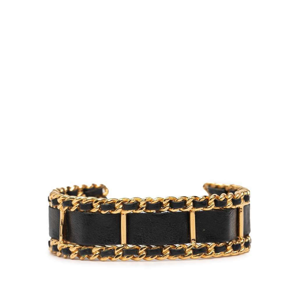 Chanel Gold Plated Leather Woven Chain Cuff Bracelet Gold Metal Good condition - Front View