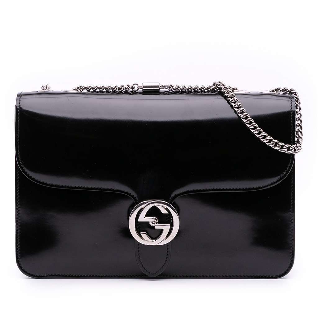 Gucci Medium Patent Dollar Interlocking G Crossbody Black Leather Good - Front View