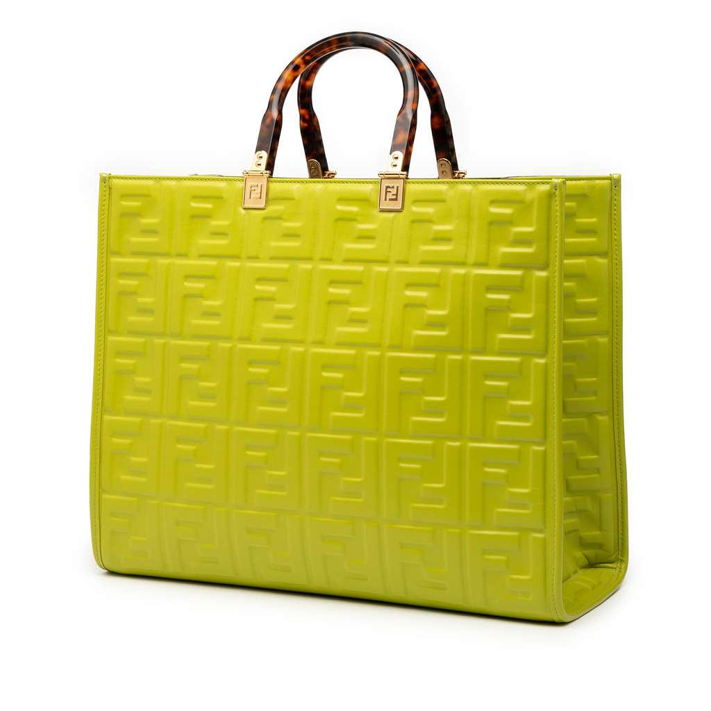 Fendi Medium Zucca Embossed Leather Sunshine Shopper Tote Green Leather Good - Back View