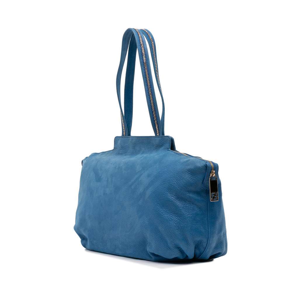 Fendi Medium FF Nubuck Chains Tote Blue Leather Good - Back View