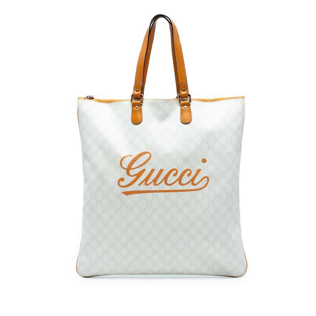 Gucci GG Supreme Heritage Logo Flat Zip Tote White Canvas Very good - Front View