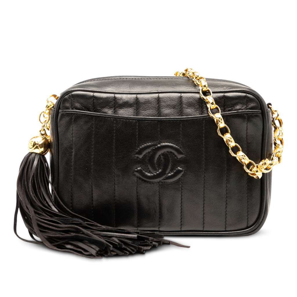 Chanel CC Quilted Lambskin Tassel Camera Bag Black Leather Very good - Front View