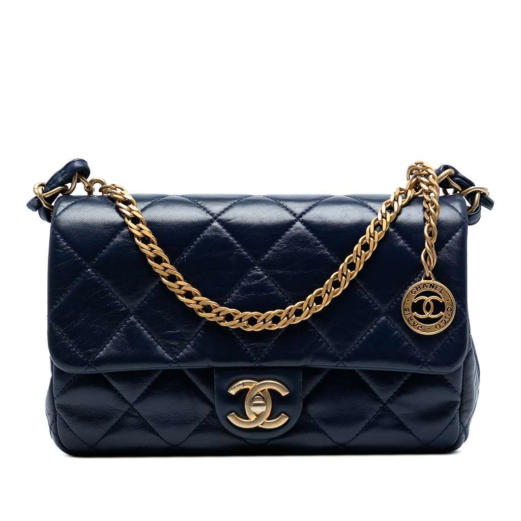 Chanel CC Quilted Lambskin Coin Chain Flap Blue Leather Good condition - Front View