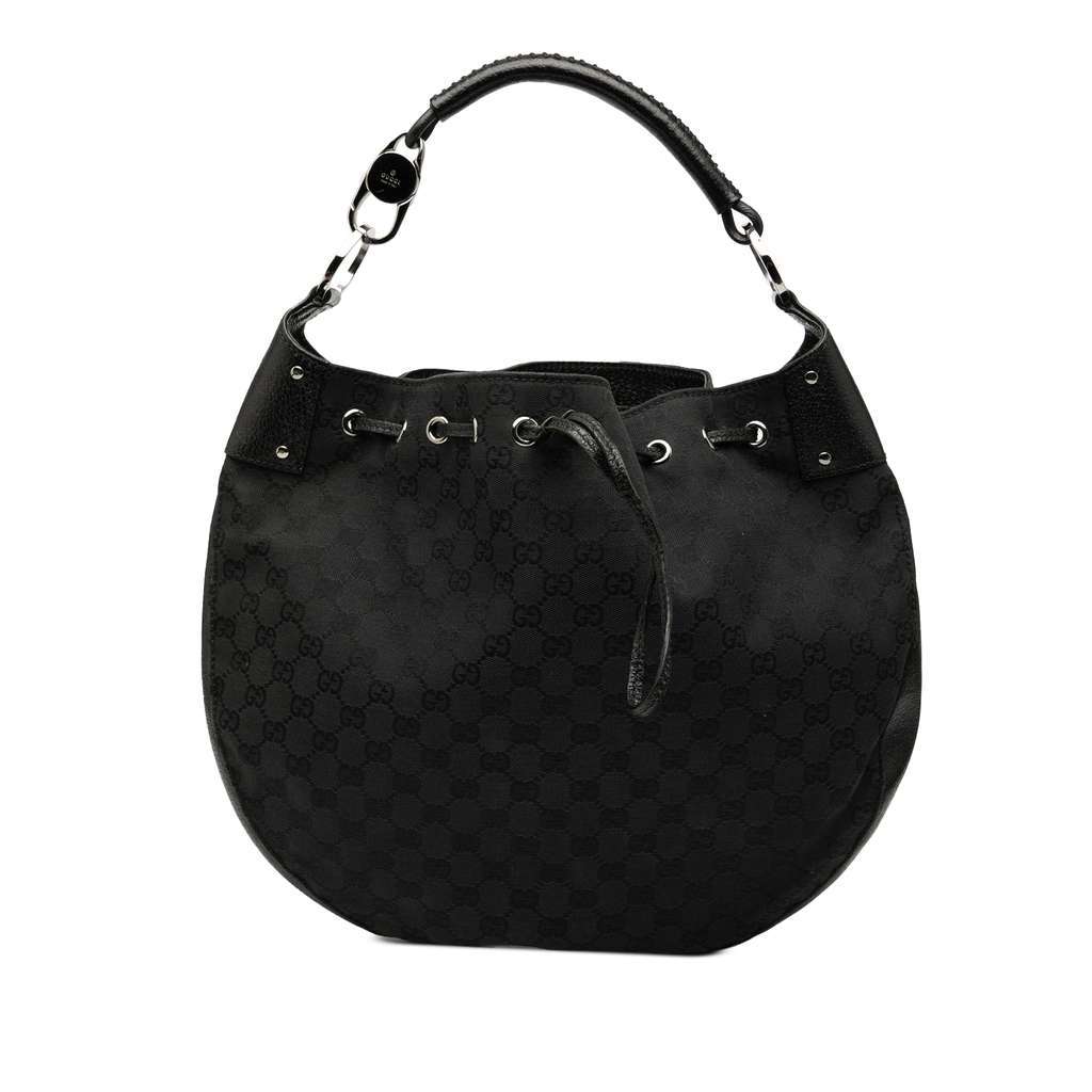 Gucci GG Canvas Drawstring Hobo Black Canvas Good - Front View