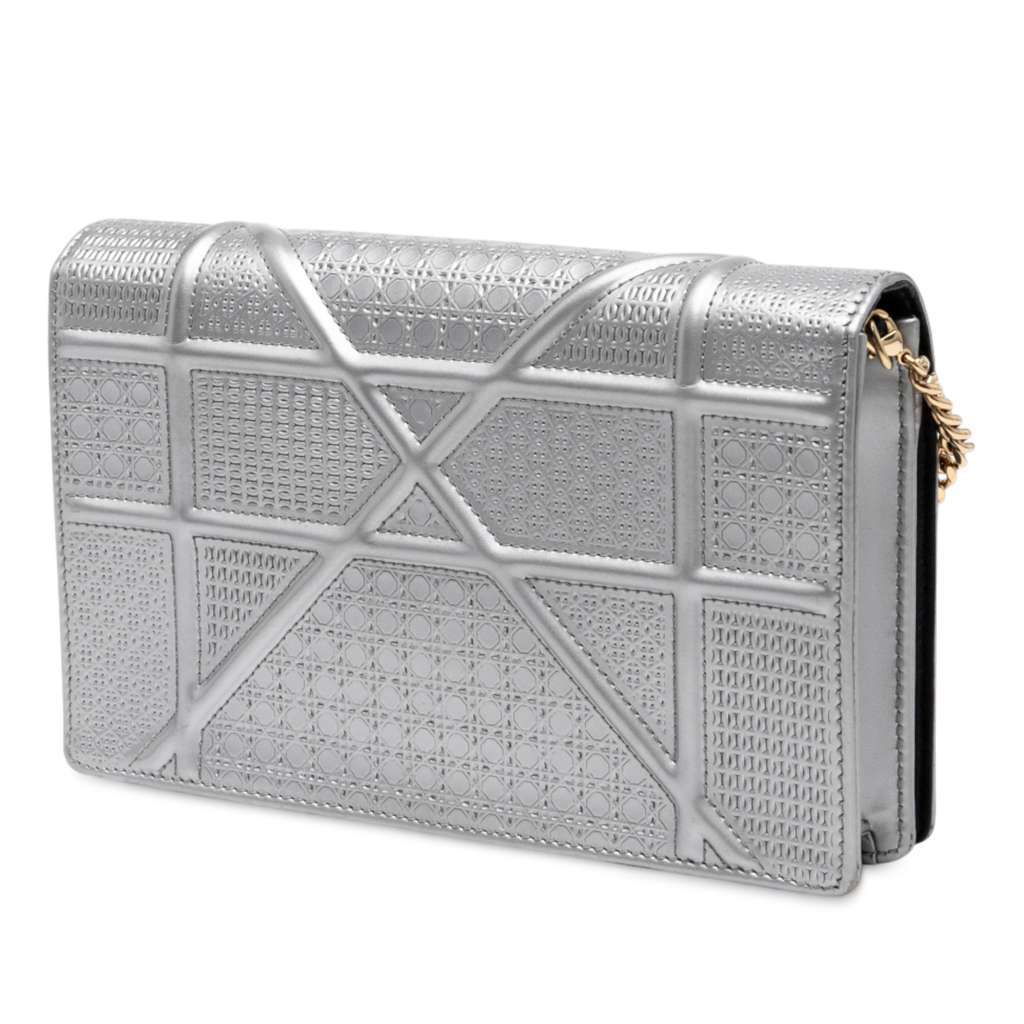 Dior Metallic Patent Microcannage Diorama Wallet on Chain Silver Leather Good - Back View