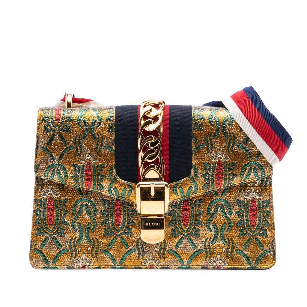 Gucci Small Canvas Brocade Sylvie Satchel Gold Canvas Good condition - Front View