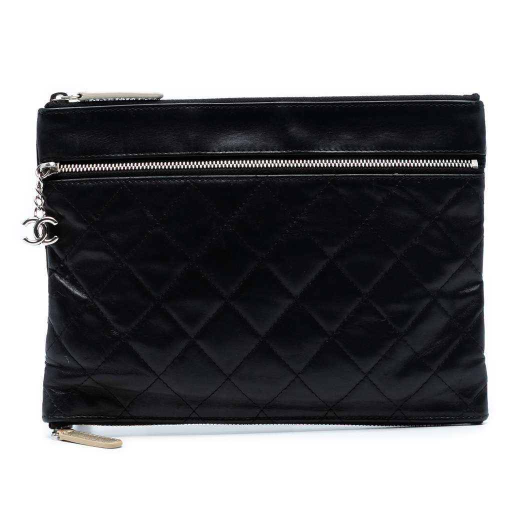 Chanel Small CC Quilted Lambskin Multi Zip Clutch Black Leather Good - Front View
