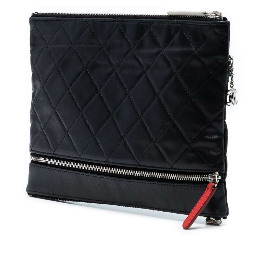 Chanel Small CC Quilted Lambskin Multi Zip Clutch Black Leather Good - Back View