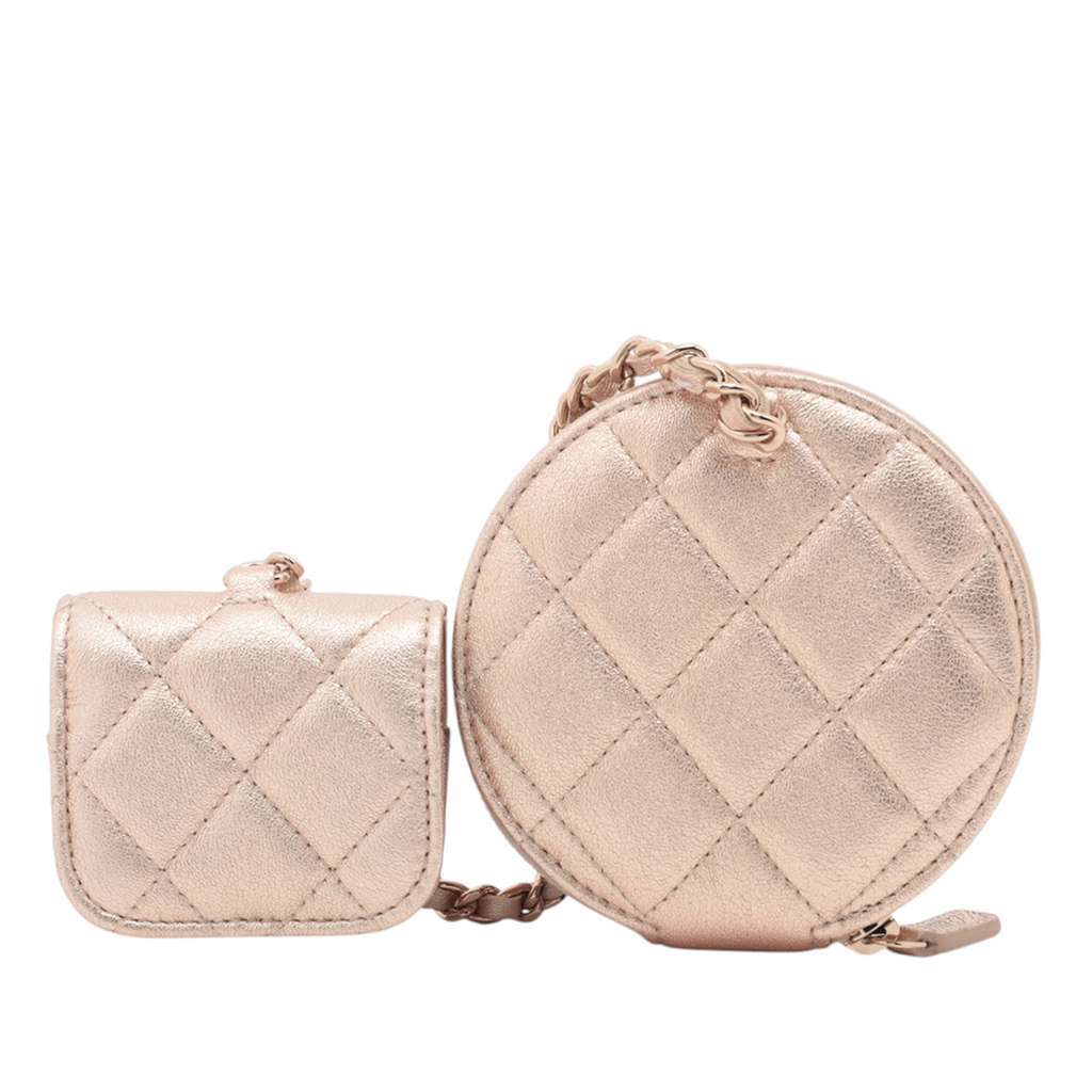Chanel CC Quilted Metallic Lambskin Coin Pouch and AirPods Pro Case Pink Leather Very good condition - Back View