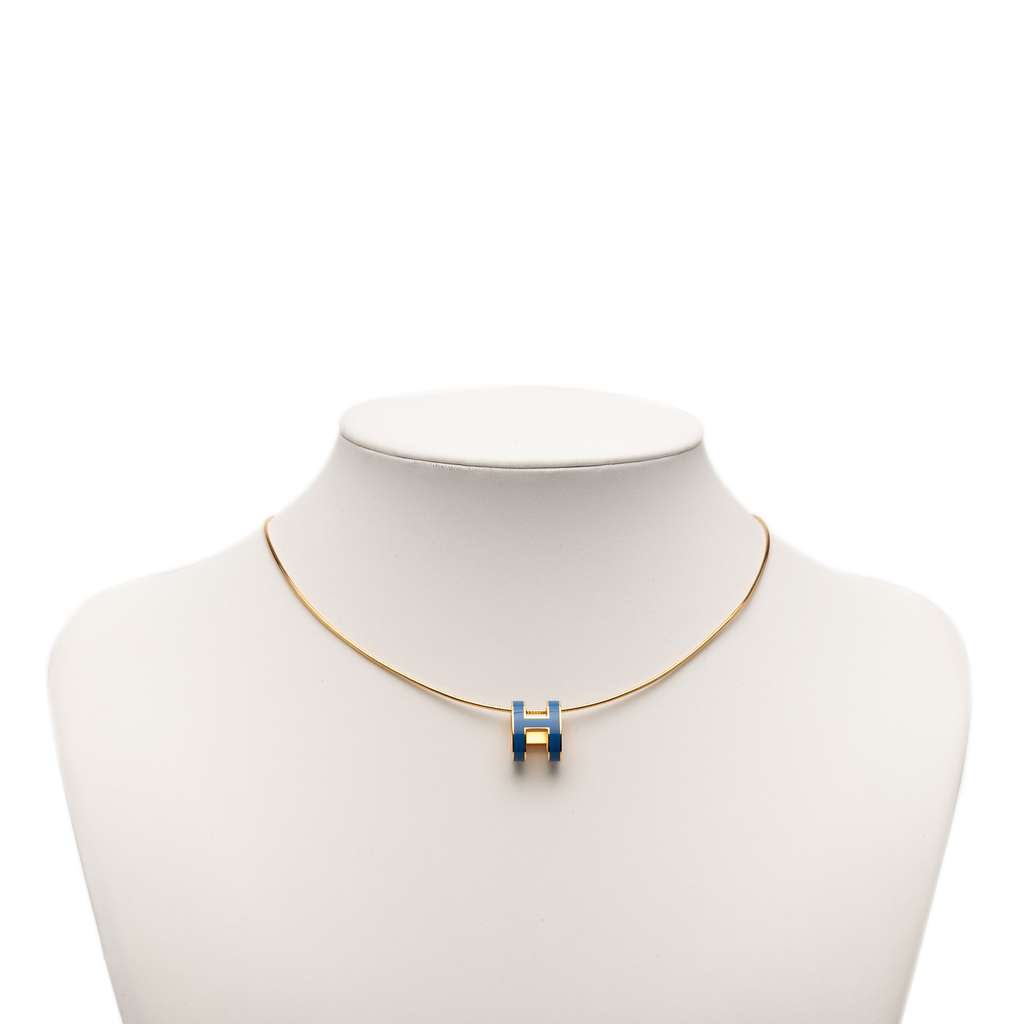 Hermès Gold Plated Enamel Pop H Pendant Necklace Blue Good condition - Box View
