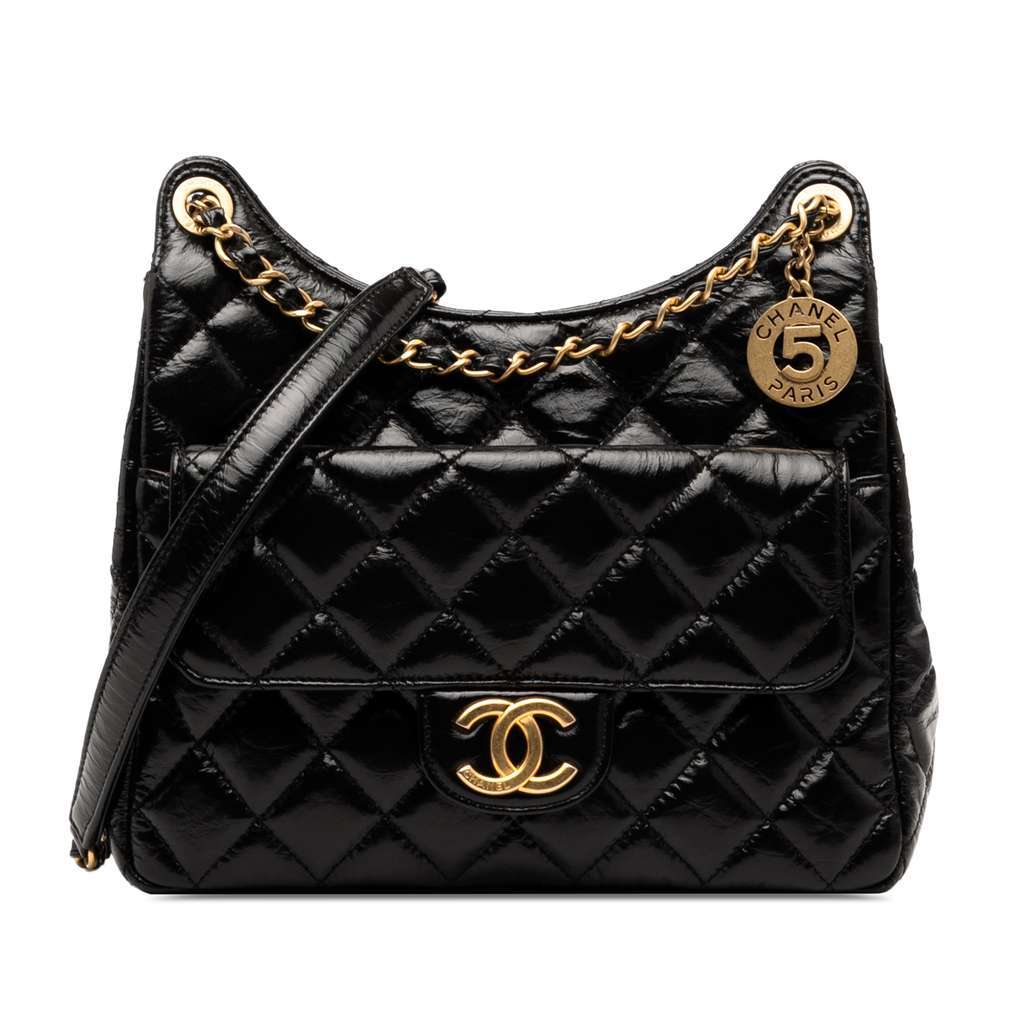 Chanel Medium Shiny Crumpled Calfskin Wavy CC Hobo Black Leather Good condition - Front View