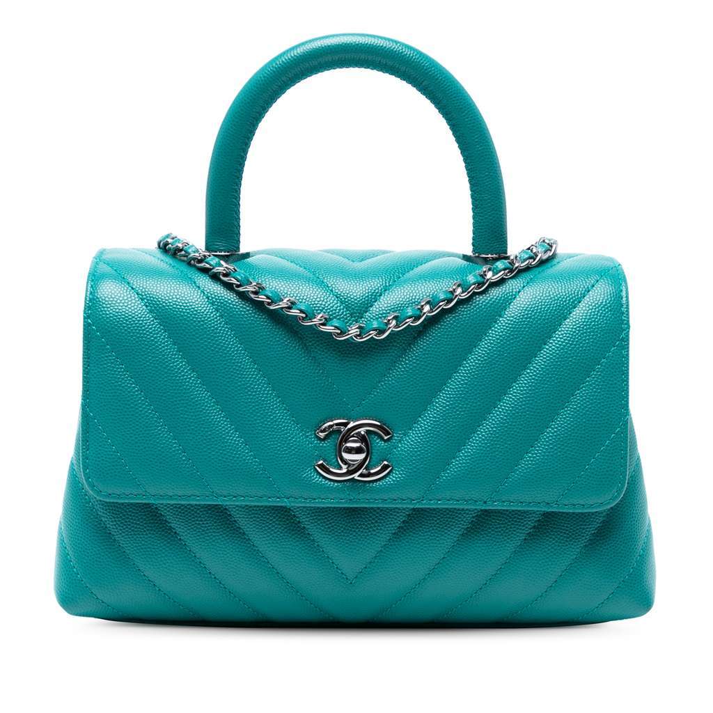 Chanel Mini Chevron Caviar Coco Top Handle Bag Blue Leather Good - Front View