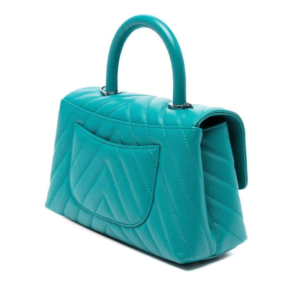 Chanel Mini Chevron Caviar Coco Top Handle Bag Blue Leather Good - Back View