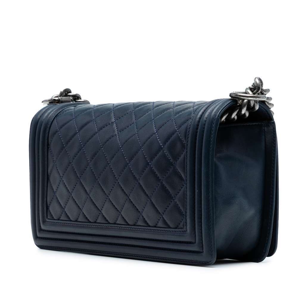 Chanel Old Medium Quilted Lambskin Boy Flap Blue Leather Good - Back View